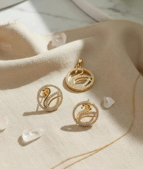 Golden Time Jewelry - Golden Time 18k Gold Plated Swan Earrings and Pendant Set.